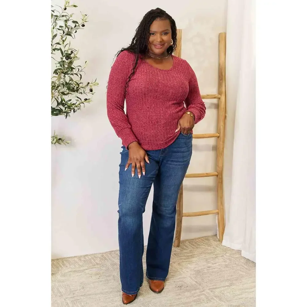 Double Take Ribbed Round Neck Lantern Sleeve Blouse - Picture 9 of 15